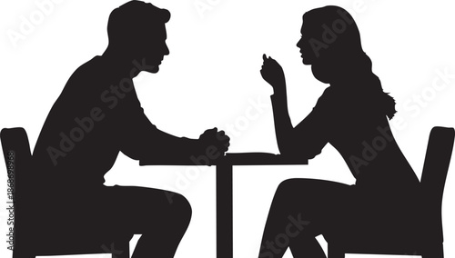 Two silhouettes sitting at a table having a conversation with one person gesturing two people