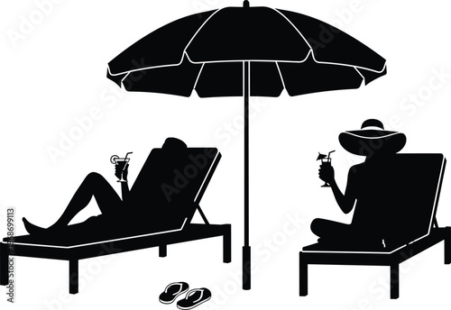 Black Silhouette of Two People Relaxing Under Beach Umbrella with Drinks, Flip-Flops, and Lounge Chairs in Summer Setting