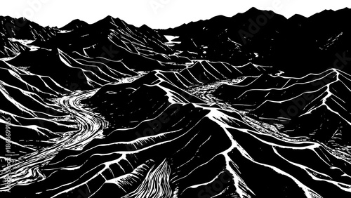 Black and white illustration of rugged rocky mountain landscape with winding river and sharp peaks