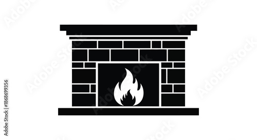 A stark black fireplace design presents a classic hearth with a burning flame in silhouette