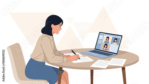 Woman attending online meeting and taking notes, remote work concept