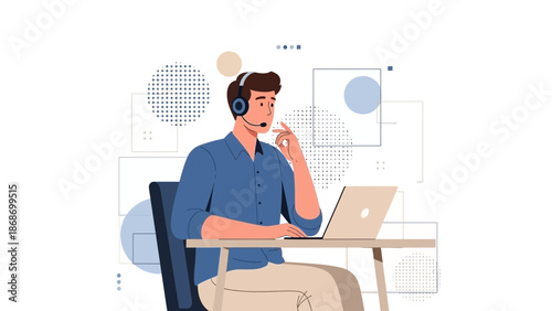 Man with headset working on laptop, customer support, online communication, modern office illustration