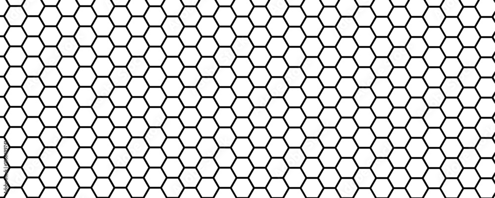 Naklejka premium Seamless Abstract Hexagon Pattern in Black and White: A Modern Geometric Vector Design Reflecting Futuristic Technology Aesthetics.