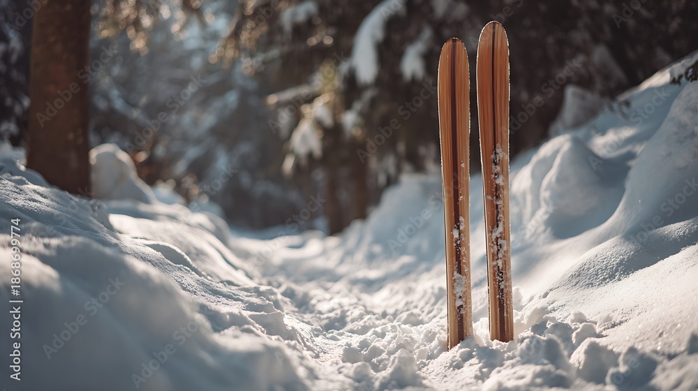 Fototapeta premium Two skis stand upright in deep snow. A snow path leads into a snow-covered forest