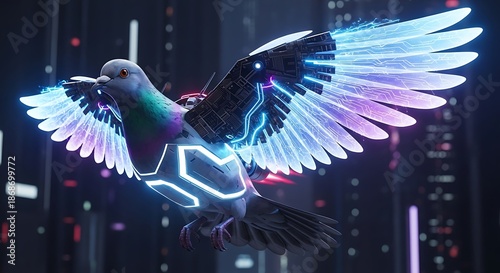 Futuristic cybernetic pigeon with glowing neon wings soars through a digital cityscape.