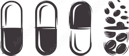 Three capsule pills and scattered loose pills minimal medication tablet medicine