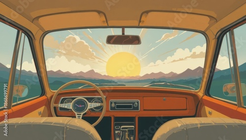 View from inside a vintage car looking out at a big yellow sun setting over mountains and a lake Retro illustration