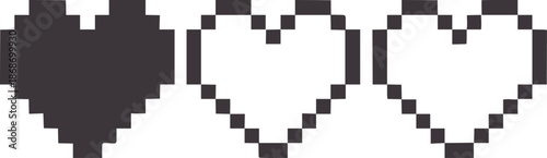Three pixelated heart shapes in black and minimal