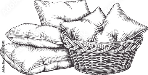 Three quilted cushions stacked beside a woven basket black and line editable pillows