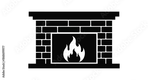 A classic brick fireplace with a burning flame inside presented as a stark graphic silhouette