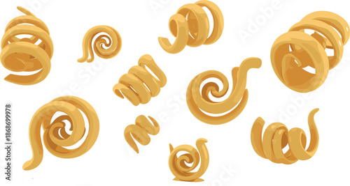 Vector illustration set of golden butter curls featuring various twisted spiral and swirl shapes of fresh dairy product isolated on white background.