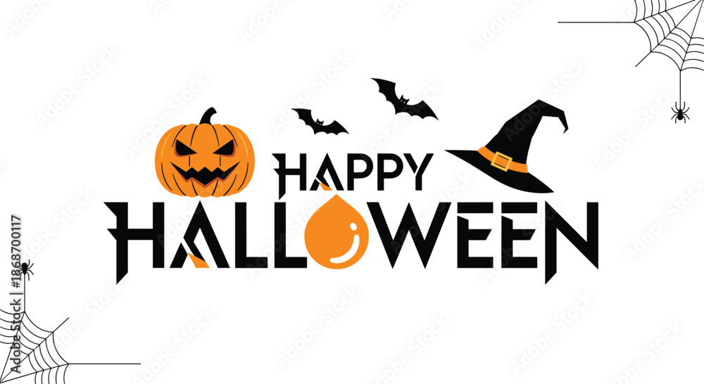 Fototapeta premium Halloween greeting card design featuring a carved jack o lantern pumpkin bats a witches hat and spider webs on a clean white background.