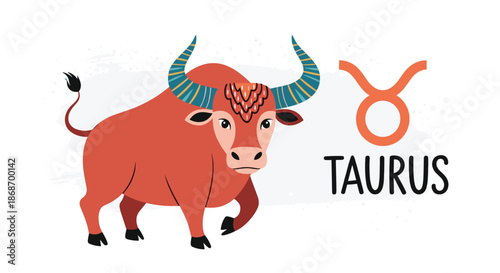 Illustration of the taurus zodiac sign featuring a powerful red bull with blue horns and the astrological symbol on a light textured background.