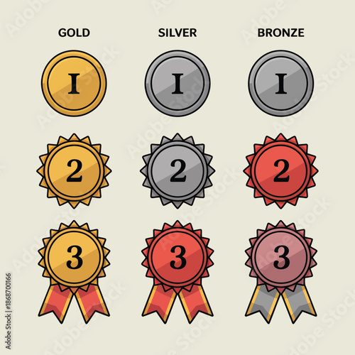 A collection of gold, silver, and bronze award medals for first, second, and third place achievements