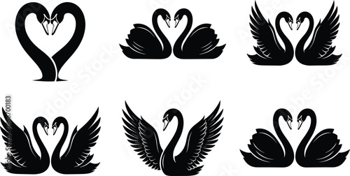 Black vector silhouette icon set of swan pairs featuring birds with curved necks forming hearts and spreading wings isolated on white background.