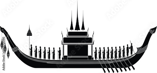 Black vector silhouette illustration of a traditional ornate royal barge with many rowers and a central pavilion isolated on a white background.
