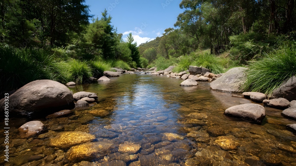 Fototapeta premium A crystal clear stream flows over colorful rocks bordered by lush green vegetation and trees under a vibrant blue sky