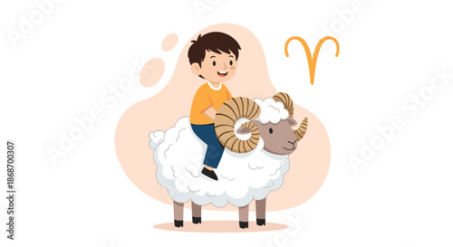 Adorable little boy riding on a large white ram representing the Aries zodiac sign on a soft pink abstract background element.