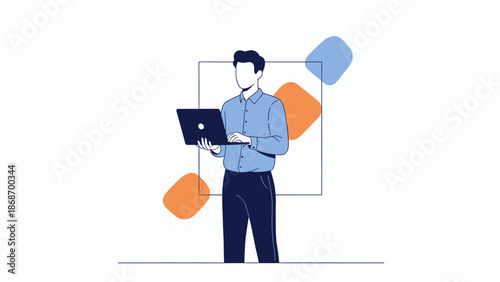 Man with Laptop, Abstract Shapes, Minimalist Business Illustration