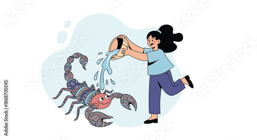 Young girl pouring water from a bowl onto a decorative scorpion to represent the Scorpio horoscope sign in a cute cartoon style.