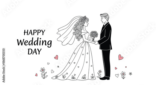 Beautiful bride and groom holding hands on their wedding day decorated with pink hearts and flowers for romantic celebration.