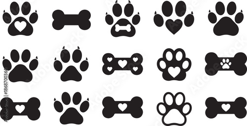 Silhouette vector icon set of paw prints and bones. Playful and loving pet elements in bold black design eps