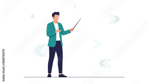 Man with Pointer Stick Giving Presentation or Lecture, Business Meeting, Education Concept