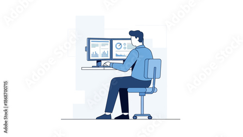 Man working on dual monitors displaying financial charts and data analysis