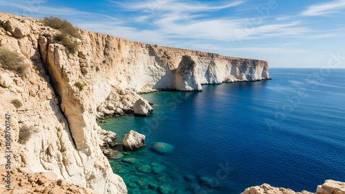Coastal Cliffs of Sharma: White limestone cliffs meeting the deep blue Red Sea water.