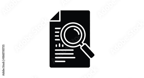 A sleek black icon depicting a document with a magnifying glass examining details silhouette