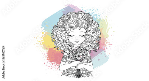 Beautiful little girl with blonde curly hair holding a bouquet of wildflowers against a colorful artistic paint splash background.