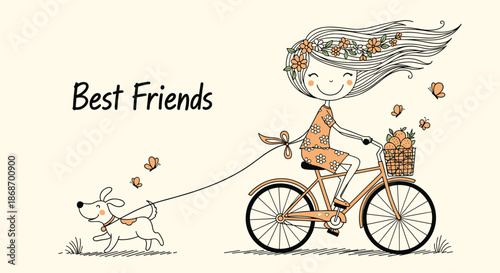 Happy girl riding her bicycle while leading her cute dog on a leash through a grassy field with butterflies and best friends text.