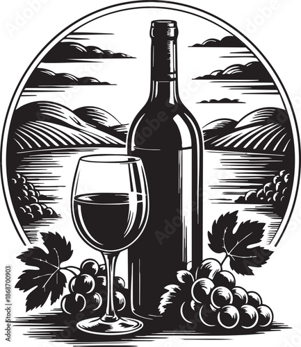 Wine bottle and glass surrounded by grapes and leaves set against a vineyard landscape within a circular emblem symbolizing wine production and appreciation.