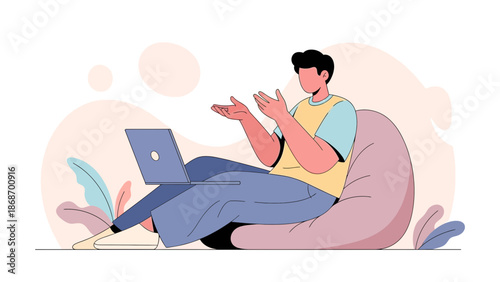 Man working on laptop while sitting on bean bag, remote work concept, flat illustration