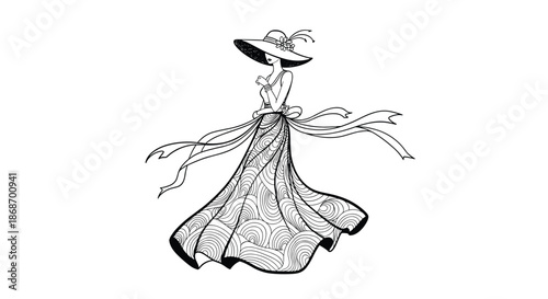 Elegant fashion illustration of a woman wearing a wide-brimmed hat and a long flowing skirt with intricate circular patterns.