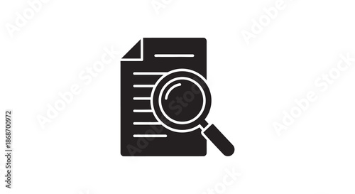 A dark graphic of a document with a magnifying glass examining its content silhouette