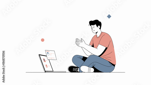 Man working on laptop, sitting cross-legged, clapping hands, digital illustration
