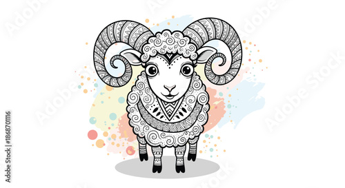 Intricate line art illustration of a ram with highly detailed patterns on its horns and wool against a soft pastel background.