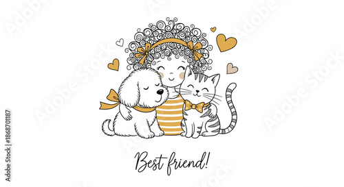 Sweet illustration of a curly-haired girl hugging her pet dog and cat with golden hearts and best friend message below.