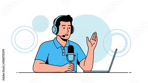 Podcaster Speaking into Microphone with Laptop, Online Radio Host, Live Streaming