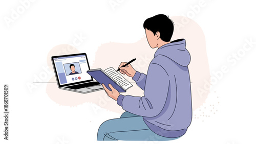 Student learning online via video call, taking notes from laptop