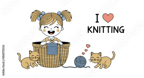 Happy young girl with blonde pigtails sits inside a large basket knitting a blue scarf while surrounded by two playful cats.