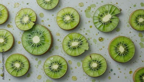 Vibrant green kiwi slices revealing prominent seeds and radial patterns scattered on light background with subtle green