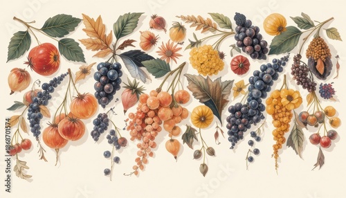 Vibrant watercolor illustration showcasing various autumn fruits dark grapes red berries and colorful leaves
