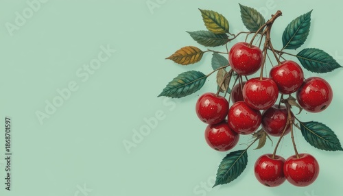 Fresh vibrant red cherries grouped together on a branch with green leaves positioned on a light teal backdrop