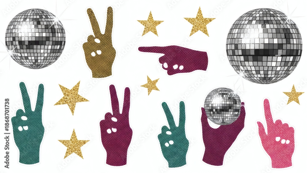 Fototapeta premium Fun disco party elements with hands and disco balls