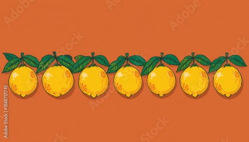 Six bright yellow illustrated lemons with green leaves arranged in a row against a solid orange background