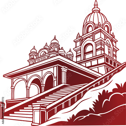 An intricately detailed illustration of a red indian temple with multiple tiers and staircases leading upwards on transparent background high-quality