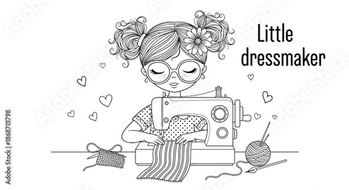 Talented young dressmaker with glasses works at her sewing machine while hearts and balls of yarn decorate her workspace in black and white.