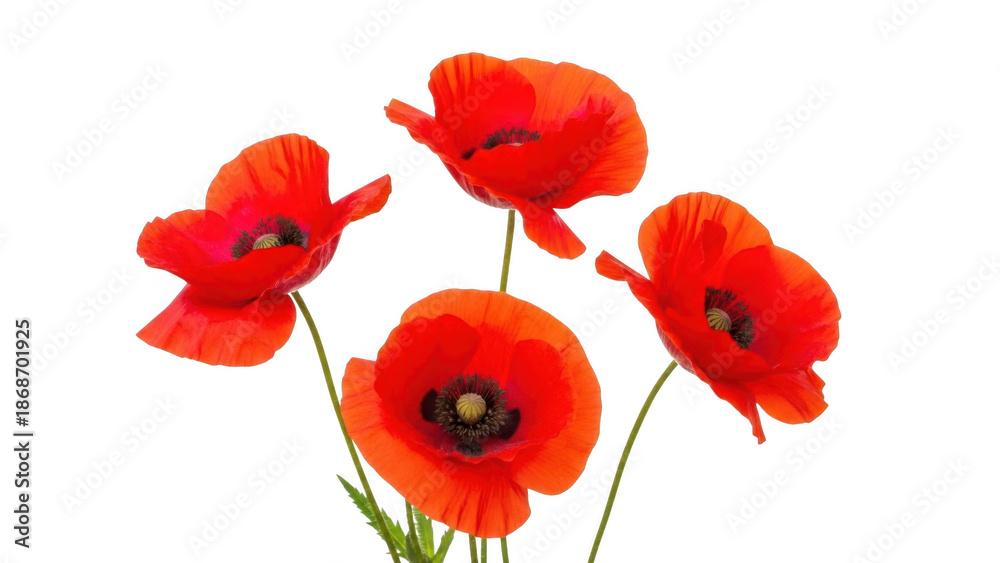 Obraz premium Four Red Poppies with Black Centers isolated on transparent background Keywords: poppies, red